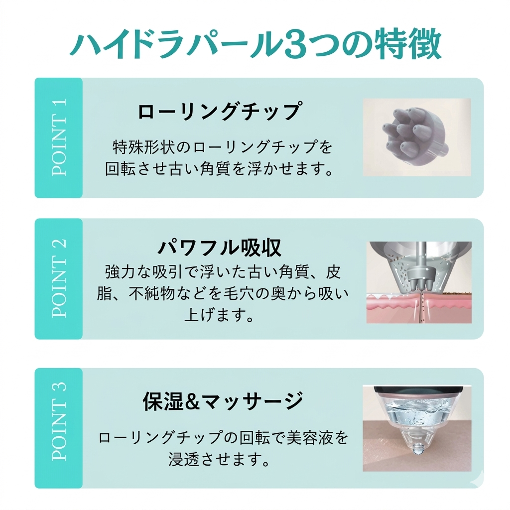 ハイドラパール 3つの特徴 ローリングチップ・パワフル吸収・保湿マッサージ
